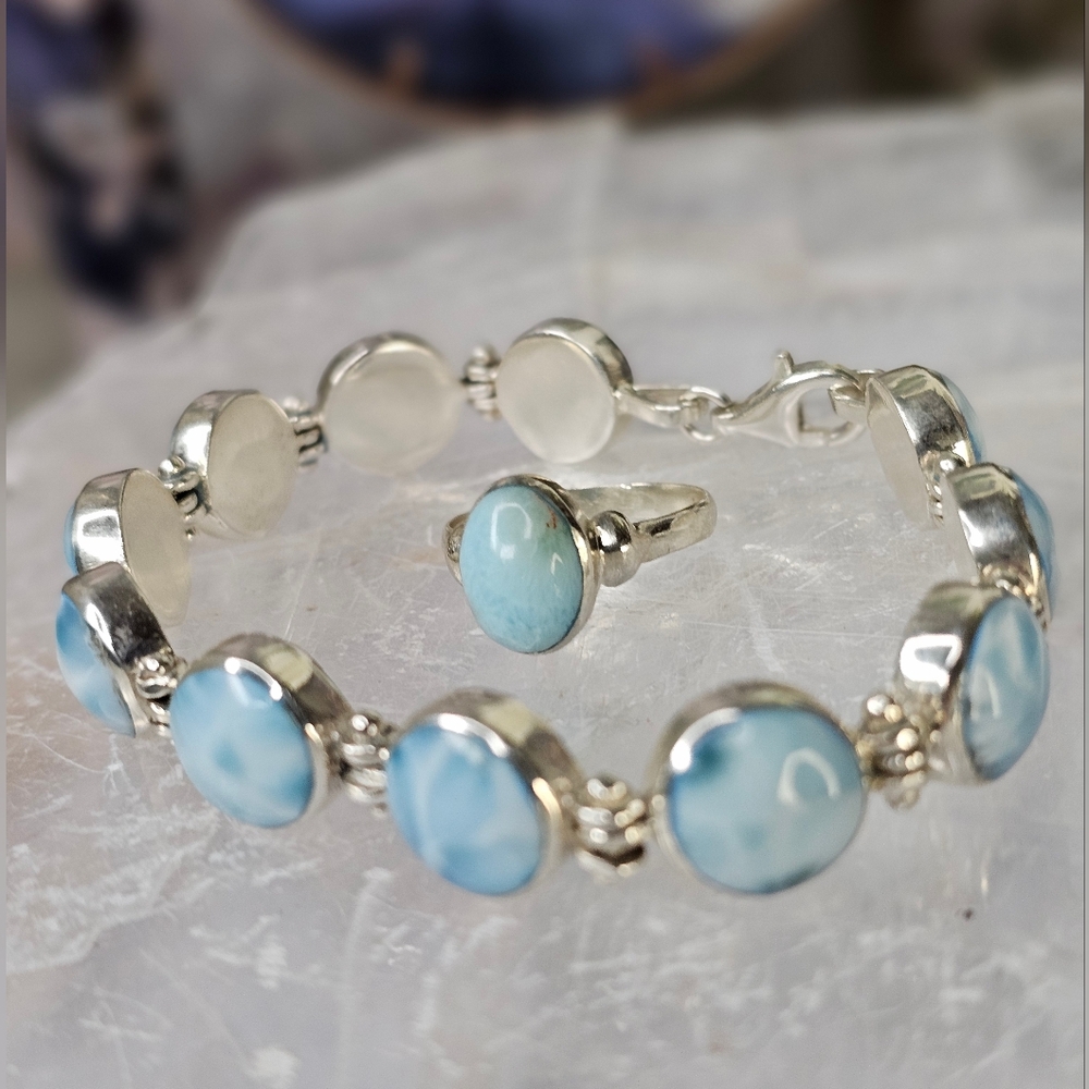 NEW Larimar round gemstones bracelet set in 925 SS